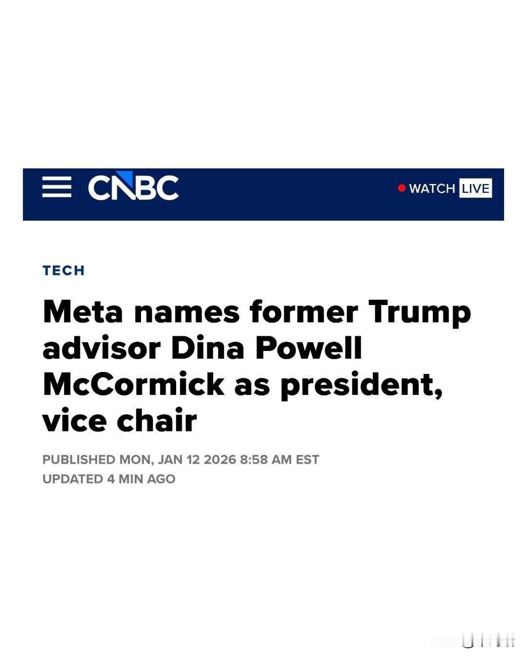 突发新闻：前特朗普顾问迪娜·鲍威尔·麦考密克被任命为 Meta 新任总裁兼副董事