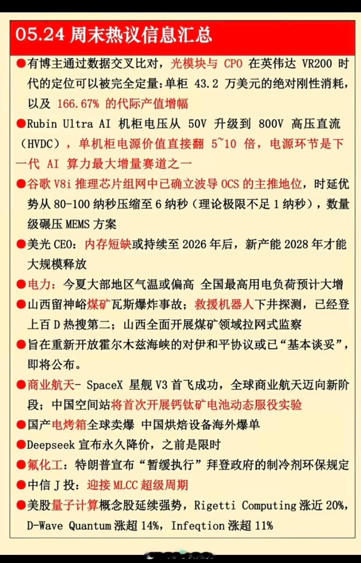 5.24周日  晚间  财经信息汇总！1.光模块与CPO2.单机柜电源，电力3.