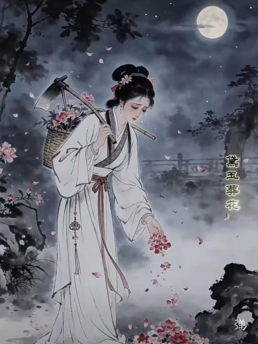 水仙子·葬花 
冷月寒烟浸落花，
春归憔悴葬芳华。
一锄净土埋香骨，
泪珠凝粉霞