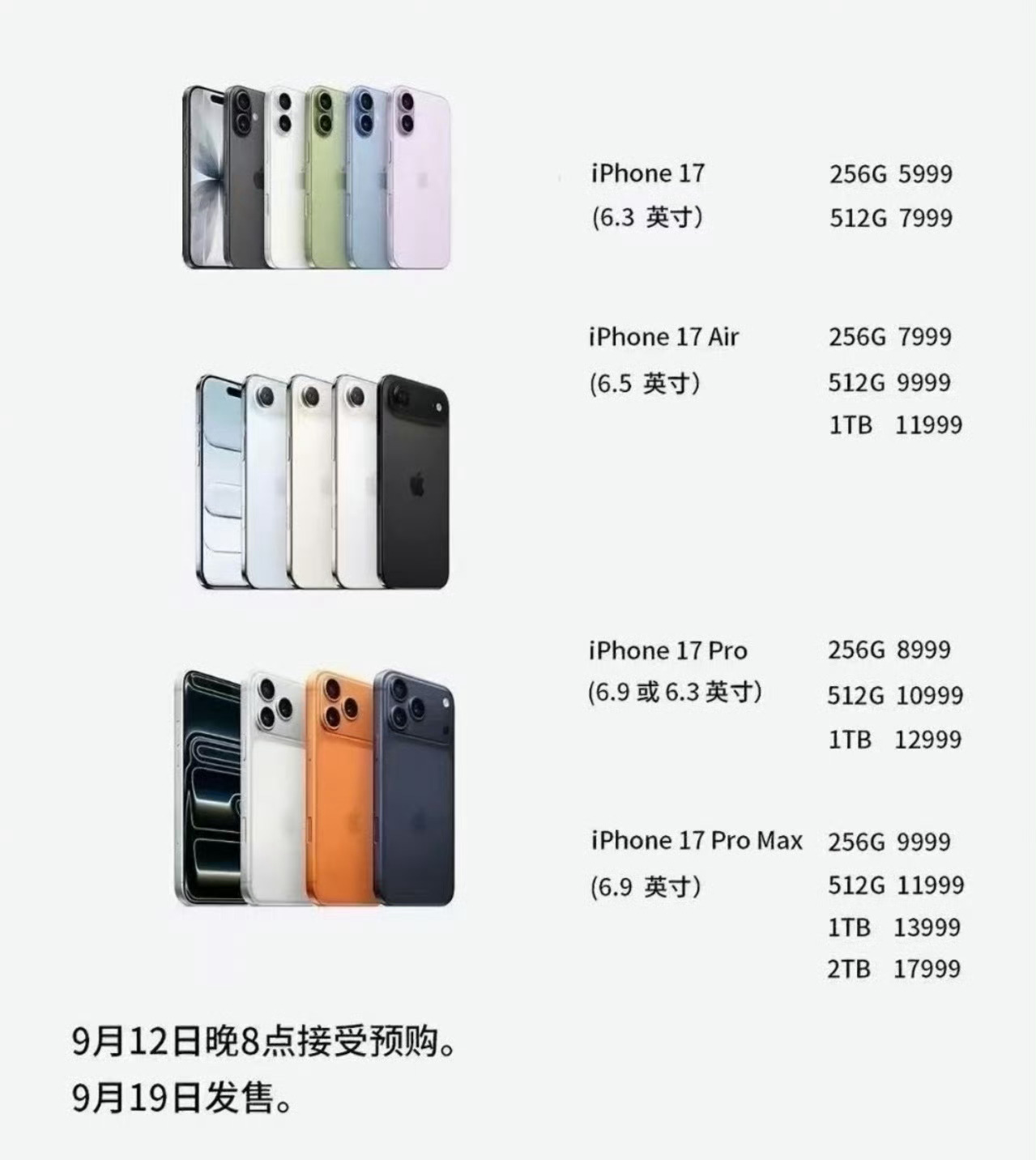 iPhone17系列价格iPhone17 A19处理器256GB+120Hz，5