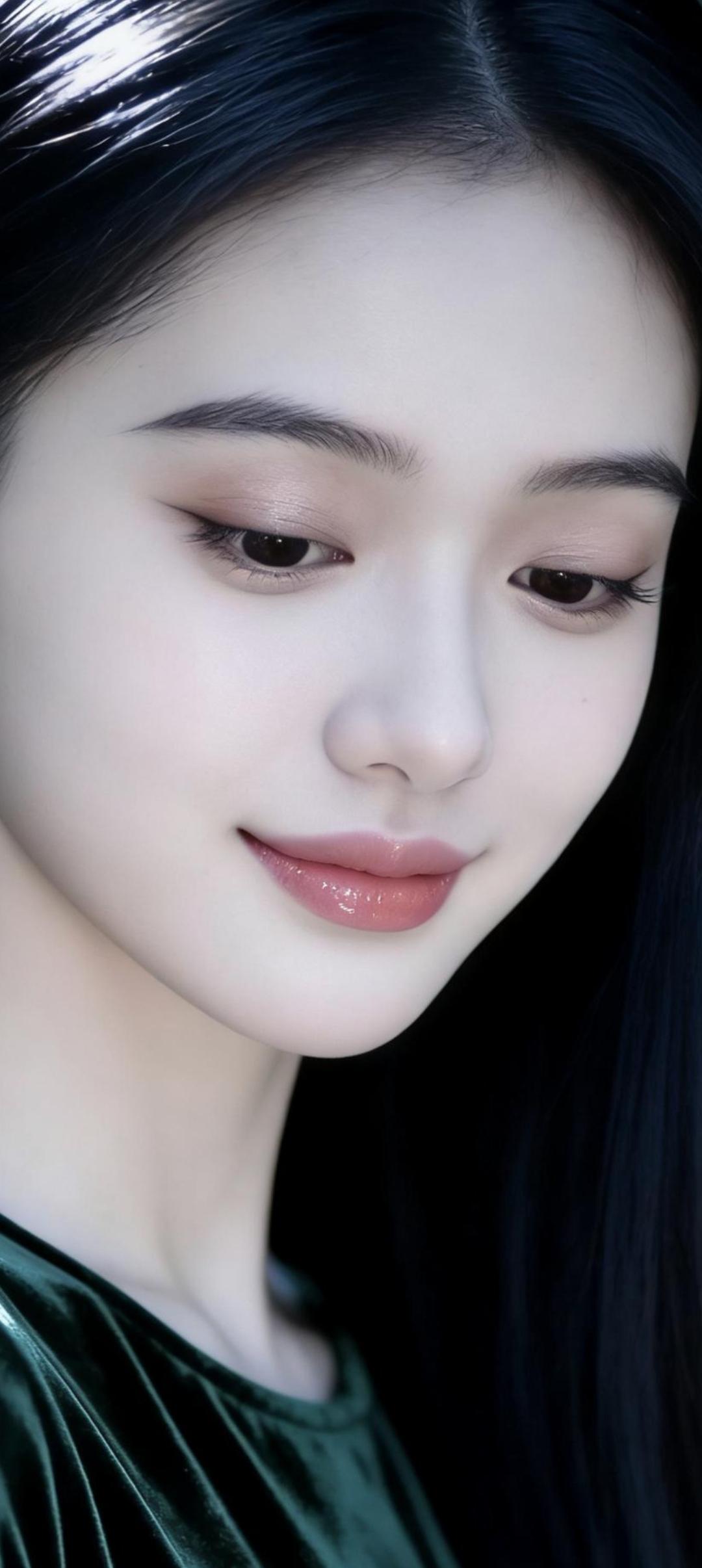 温柔微笑，黑发红唇，优雅动人。