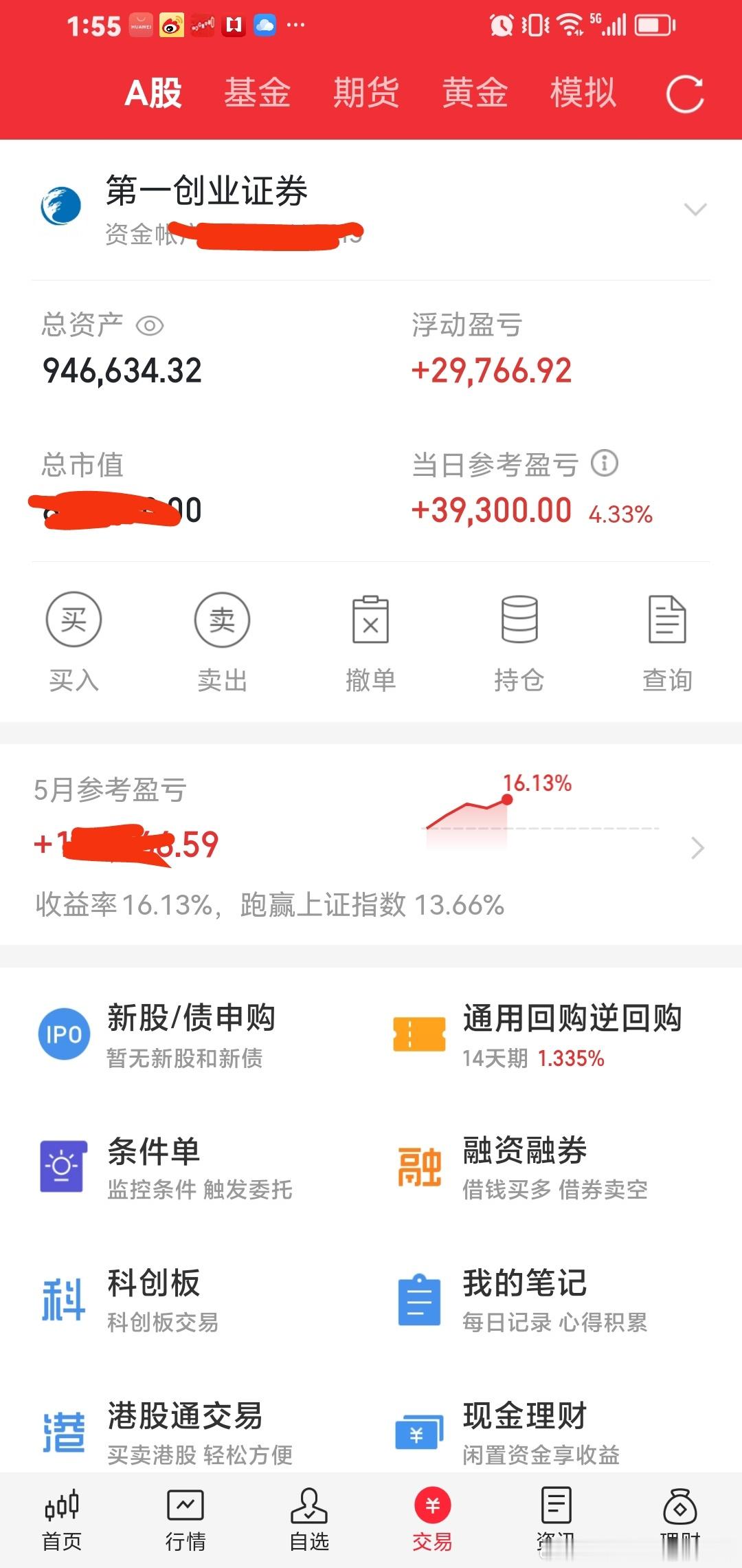 5月份小账户80万，开始勇闯股市。这个月盈利16个点。 