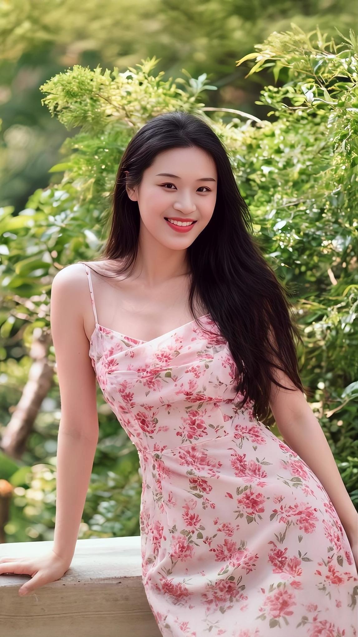 粉裙裁得艳花稠，
笑靥轻扬眼底柔。
漫倚栏边风作伴，
一身晴色胜春愁。
 
你是