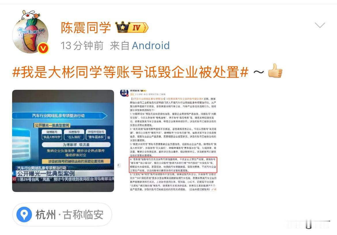 陈震: 我是大彬同学等账号诋毁企业被处置[赞]

就在刚才，陈震转发了央视新闻频