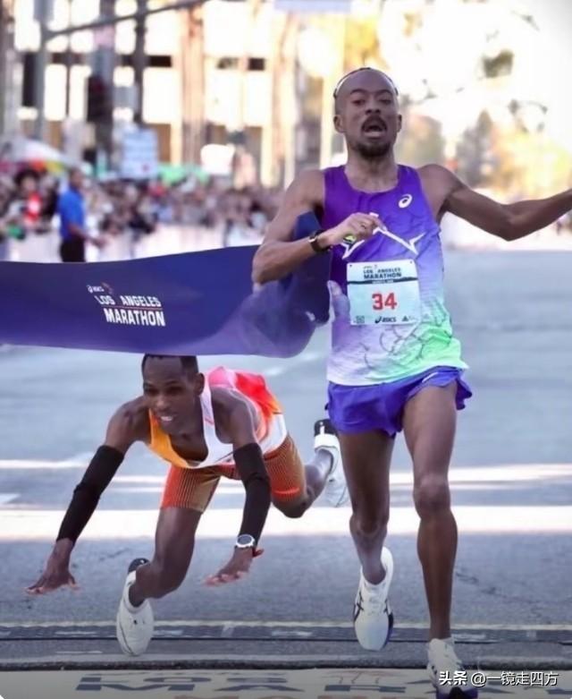 内森·马丁在终点线前几十米，突然加速超越了迈克尔·卡毛。
领先几十米的肯尼亚选手