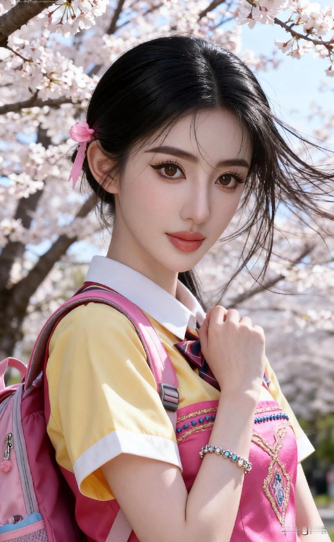 樱花树下，少女轻抚发丝，粉嫩的背包点缀春日气息