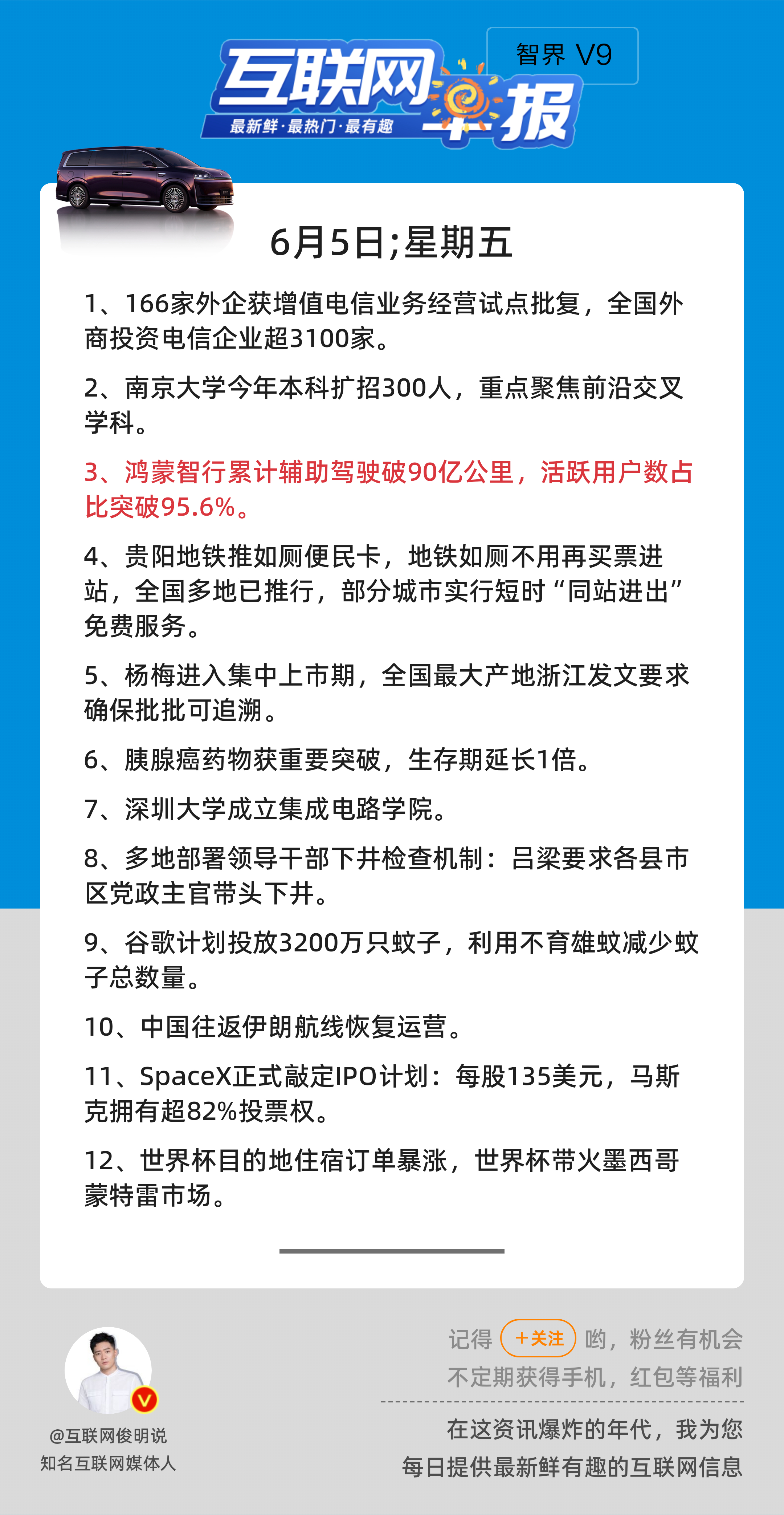 6月5日，星期五，《第3160期》；互联网早报，众览天下事关心第3条：鸿蒙智行累