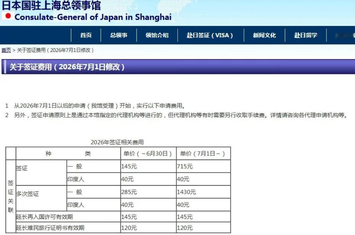 日本驻上海总领事馆官网通知，今年7月1日起，中国大陆游客赴日的单次签证费，从原来