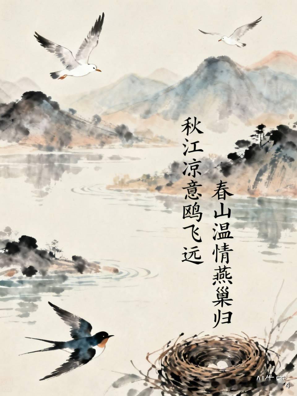 秋江凉意鸥飞远，诚邀下联
，春山温情燕巢归，