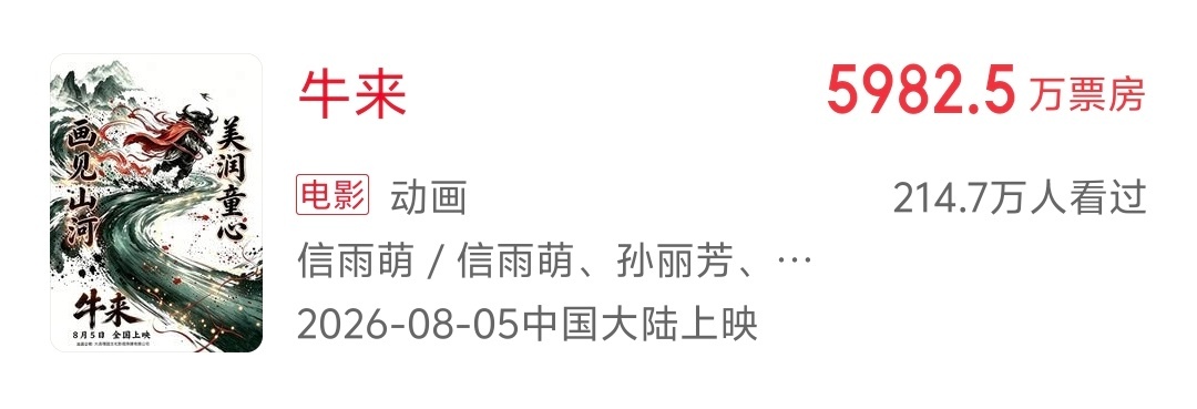 动画片《牛来》密钥延期挺进国庆档，票房即将破6000万元，导演信雨萌预计进账20