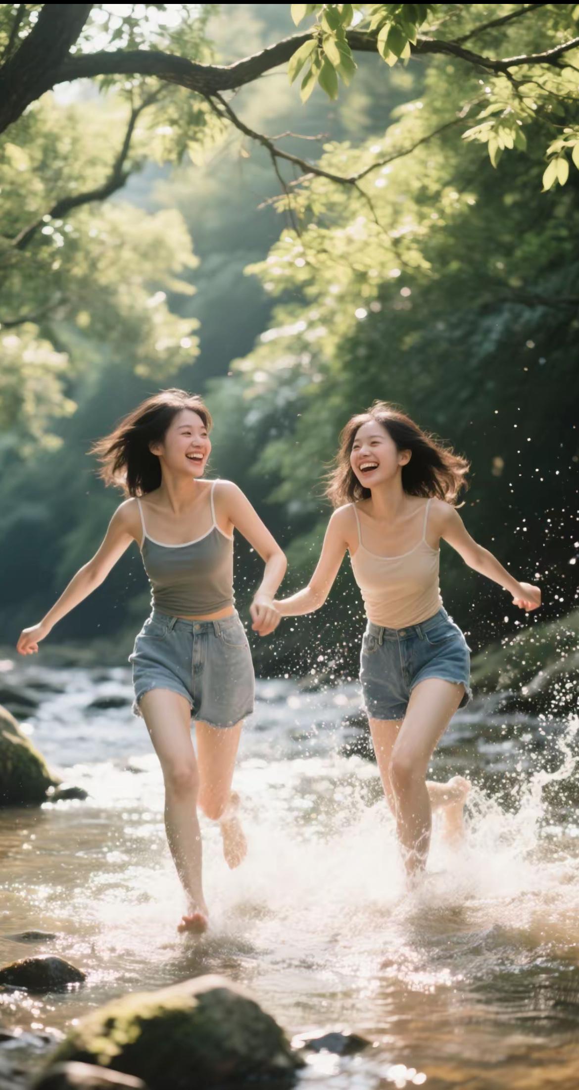 两个女孩在溪边开心地玩水。玩水的快乐 游小玩水好心情