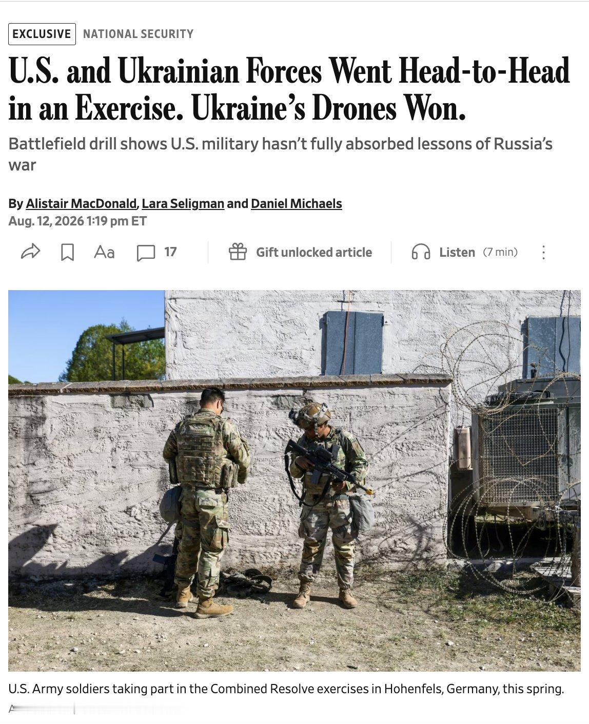 🔻WSJ 说：乌克兰无人机部队在德国一场大型演习中完胜美国装甲旅，暴露出美国在