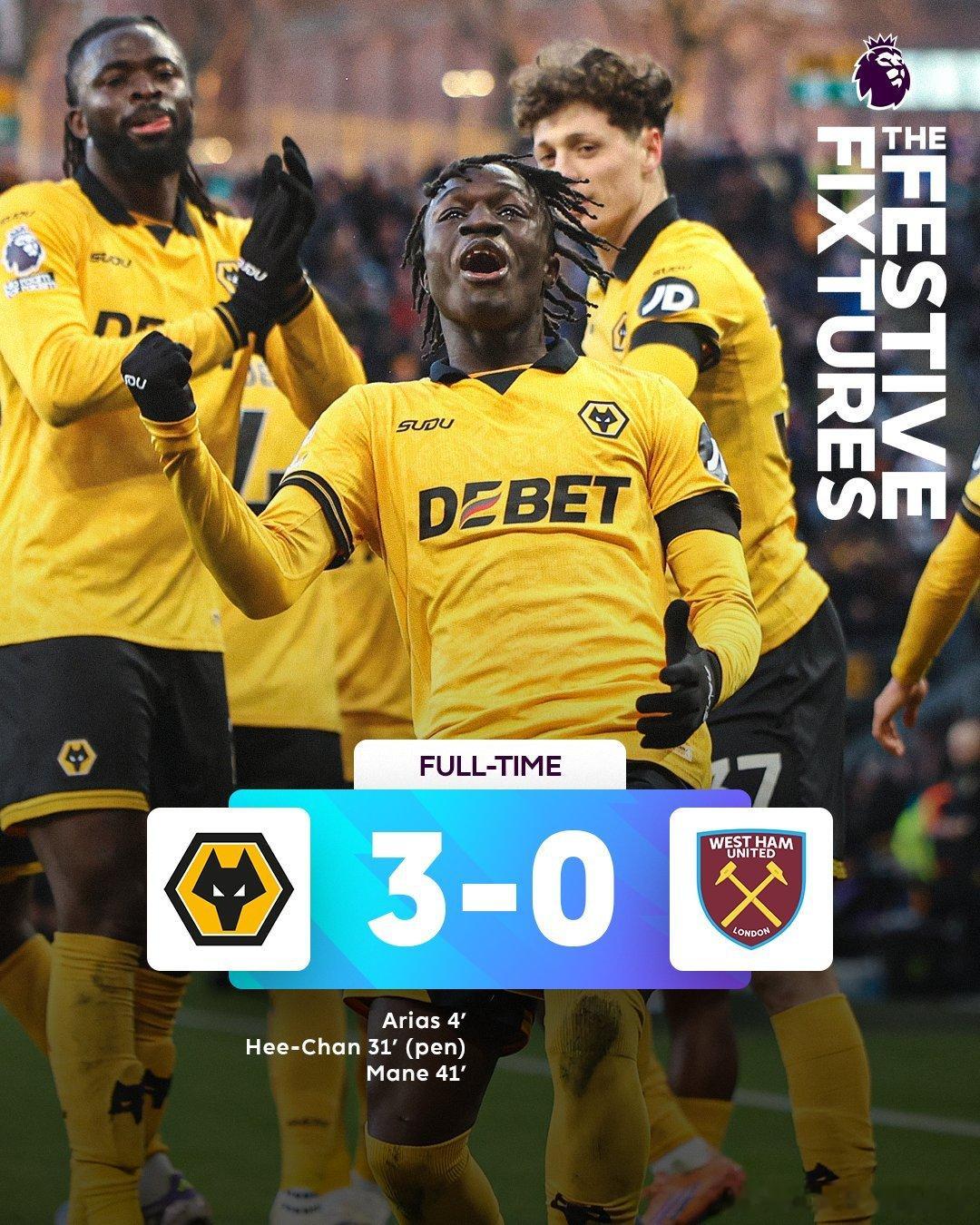 恭喜狼队！终于赢了！刚刚结束的英超第20轮，2026年首战，狼队3-0完胜西汉姆