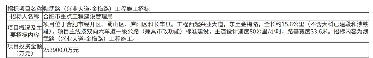 作为合肥市北部关键东西向交通大动脉，魏武路（兴业大道‑金梅路）工程施工、检测、监