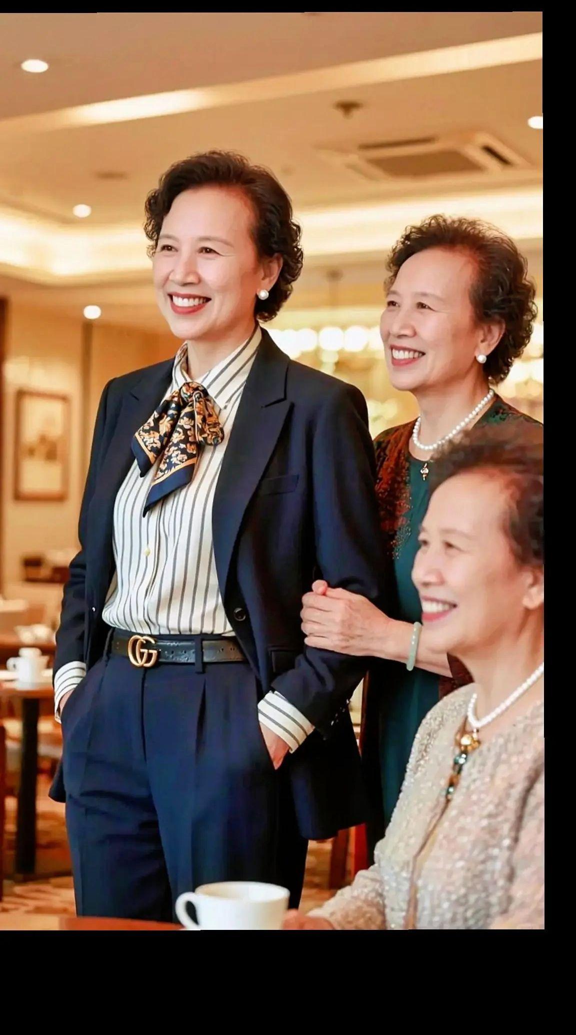 这三位职场精英，站在一起仿佛在开“时尚峰会”！西装革履的帅气，搭配优雅的珍珠项链