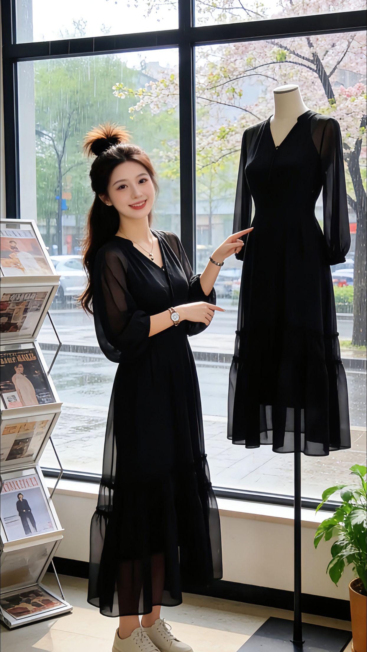 春日赴约，Danny一袭法式黑裙漫步湖畔。V领勾勒锁骨线条，薄纱长袖自带朦胧滤镜