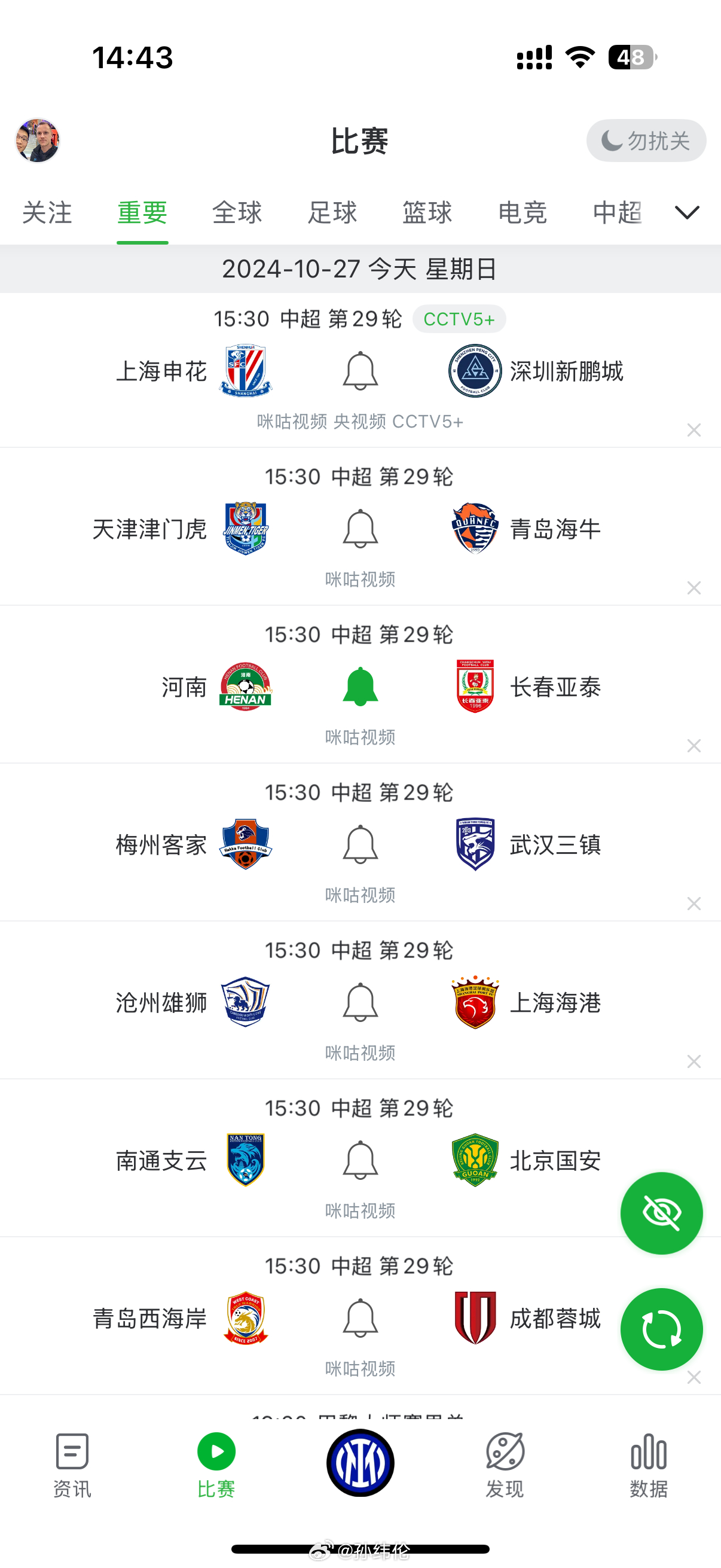 从这轮开始，中超就是八场同开了！实在是看不过来[允悲]#中超联赛#  ​​​