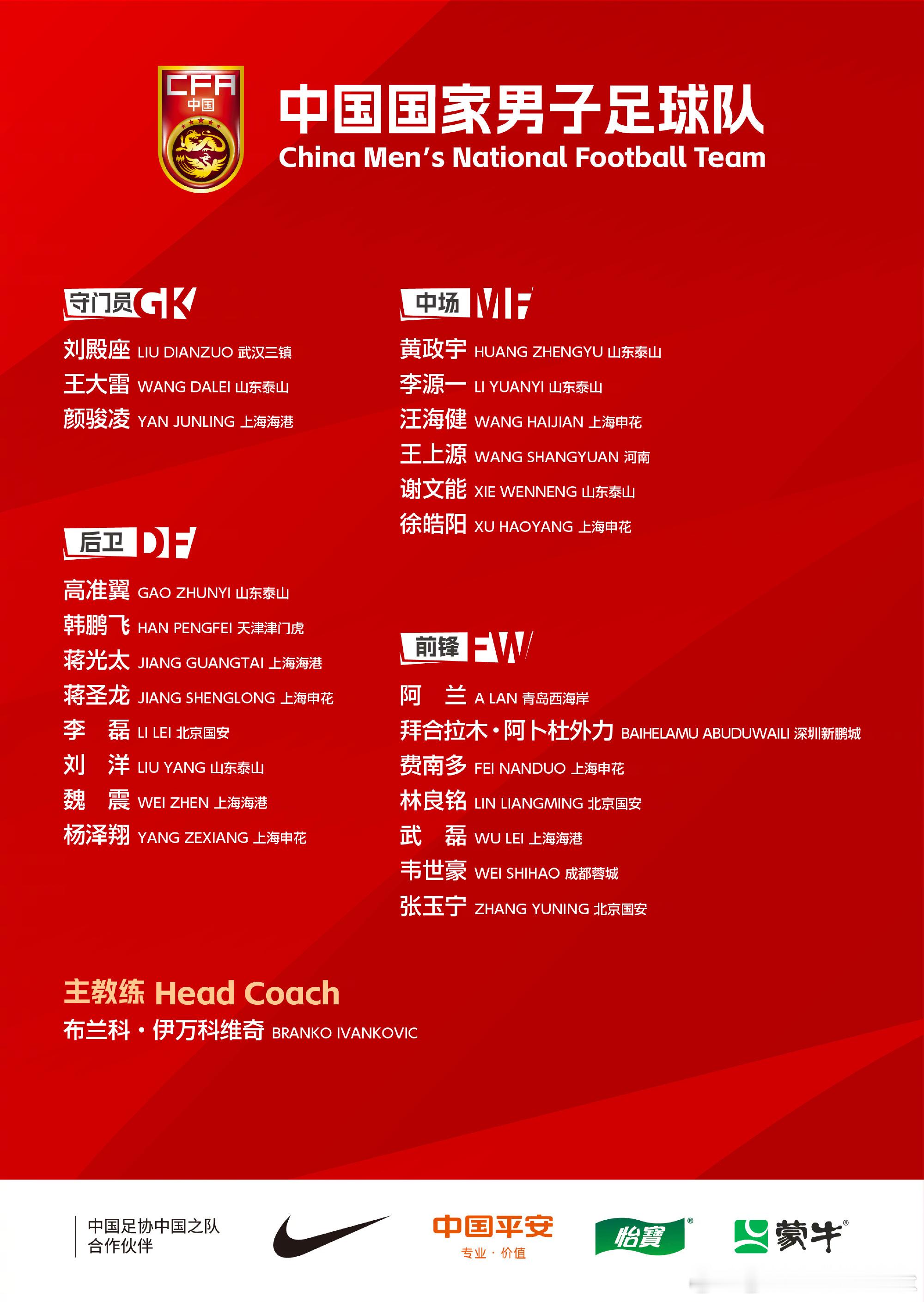 目前有伤在身的一些国脚中，武磊和阿兰入选。另外，韦世豪回归！相较锋线和后防，中场
