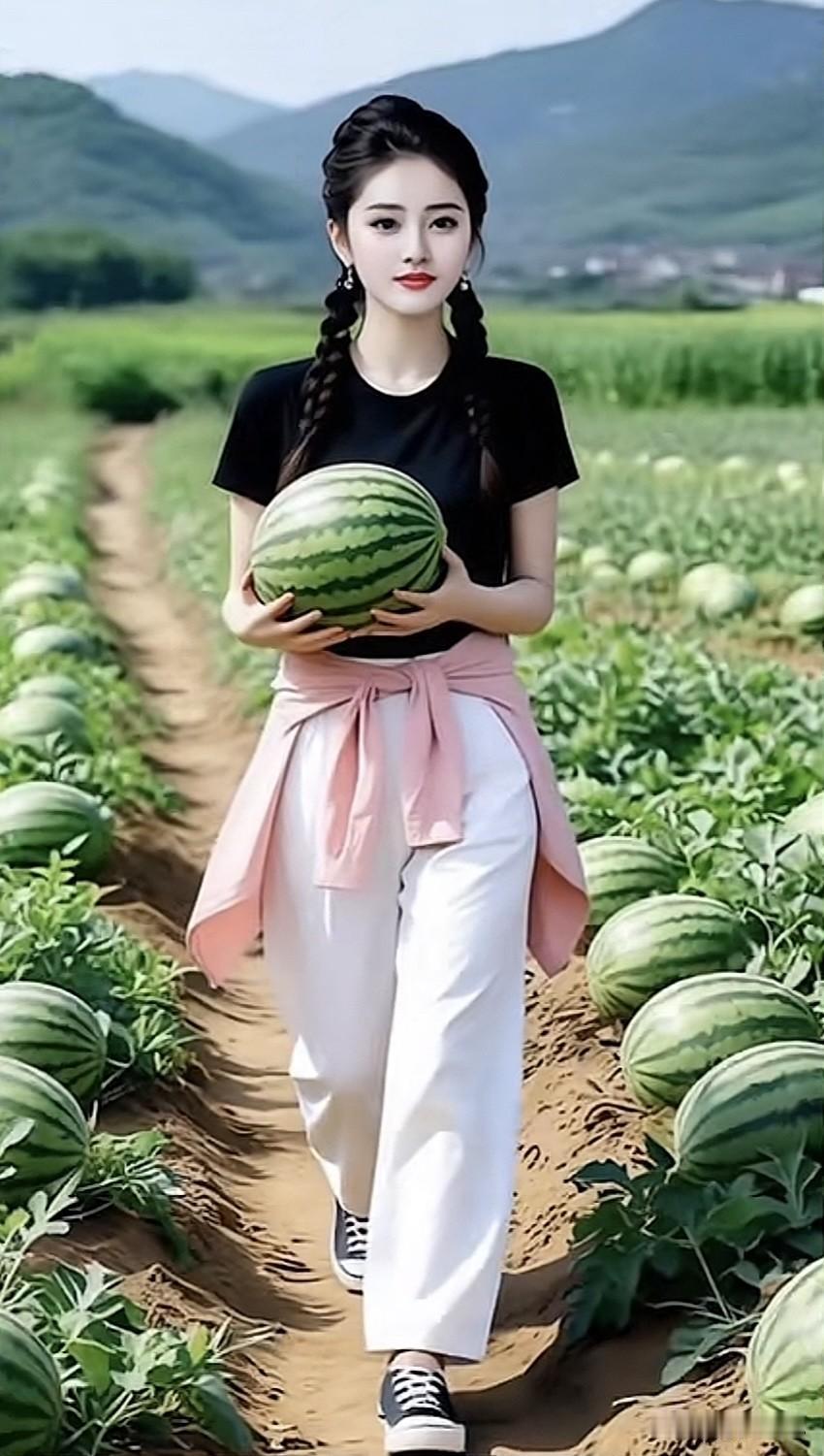 田园少女手捧西瓜，夏日清凉自然美！田园里的美女 田园采摘姑娘 田园采果少女 田园