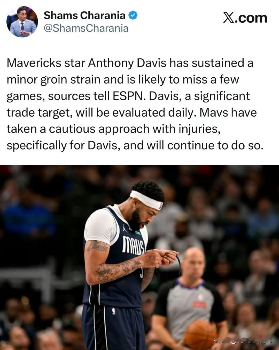 又可以休战了！！！浓眉腹股沟轻微拉伤，将缺席几场比赛！

根据记者Shams最新