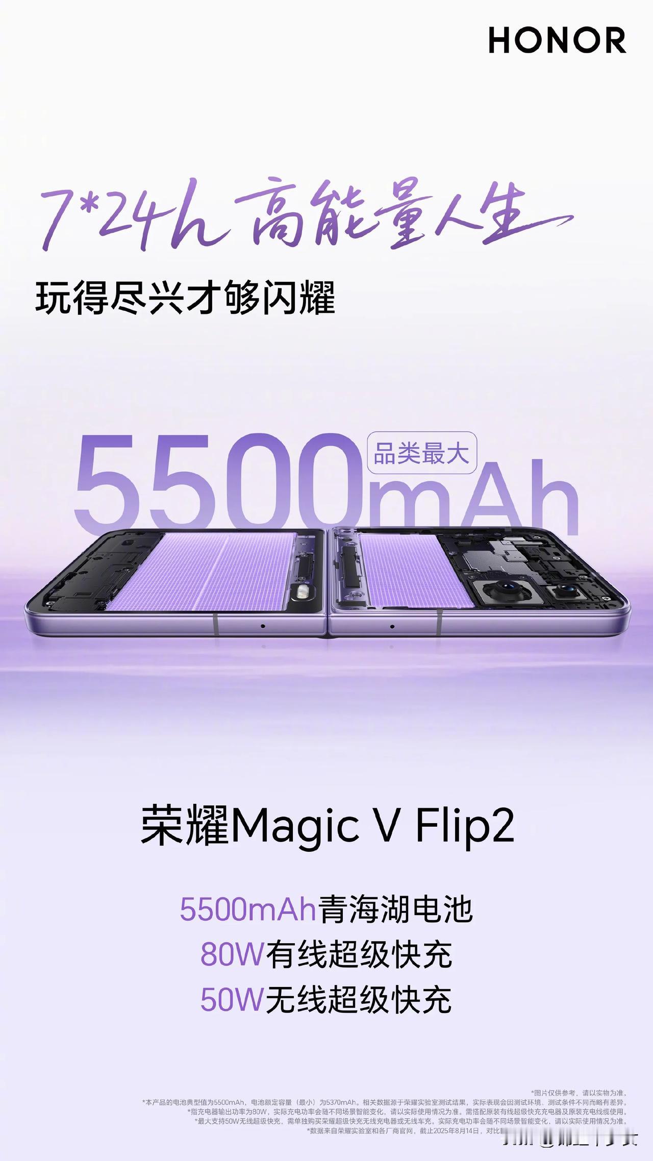 电量满格，持续闪耀
荣耀Magic V Flip2搭载5500mAh青海湖电池