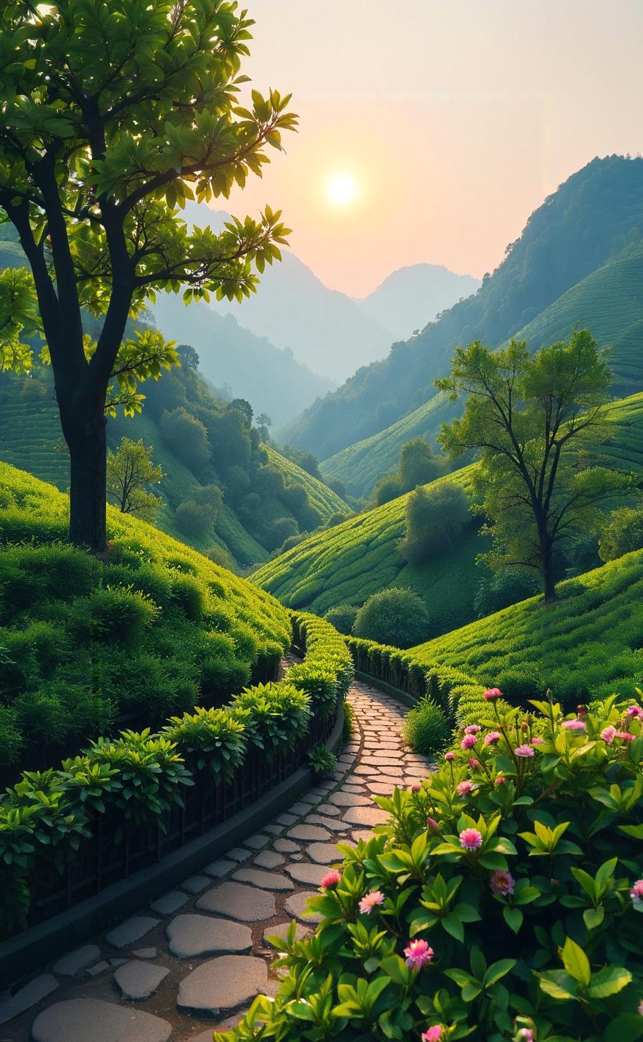 清晨微露采茶忙，翠叶轻摇映日光。
山风拂面香满径，笑语盈盈入翠廊。西湖龙井