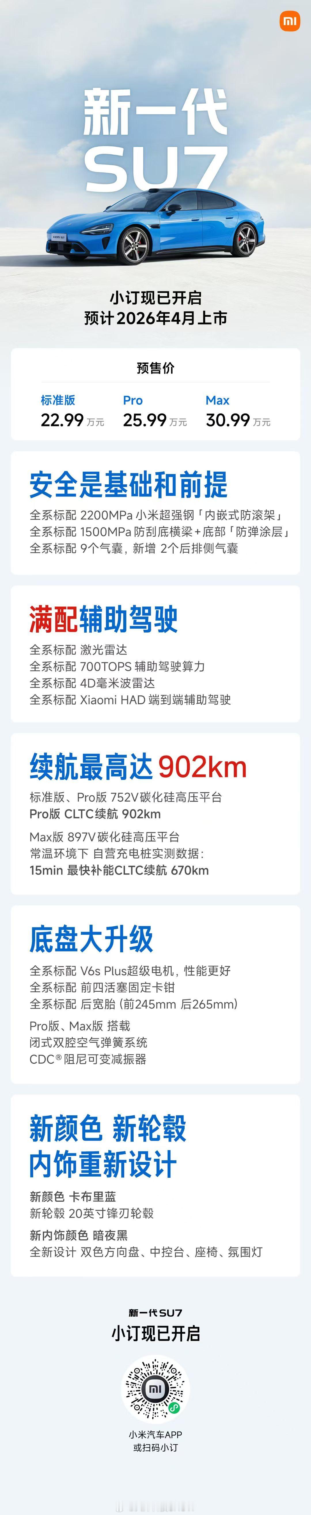 雷军官宣新一代SU7    新一代SU7，2026年4月上市，预售价22.99万