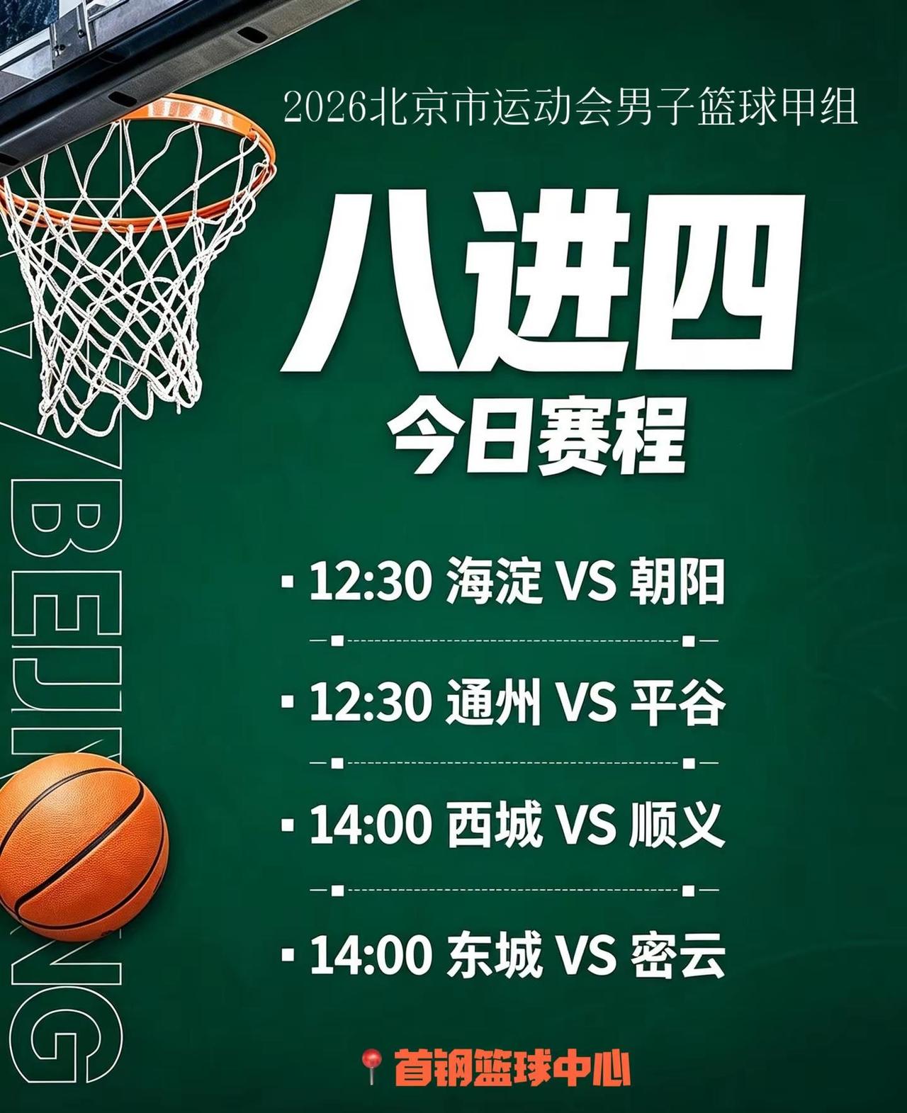 四场对决，冲击四强席位！🔥2026北京市运会男篮甲组｜八进四开战首钢篮球中心北