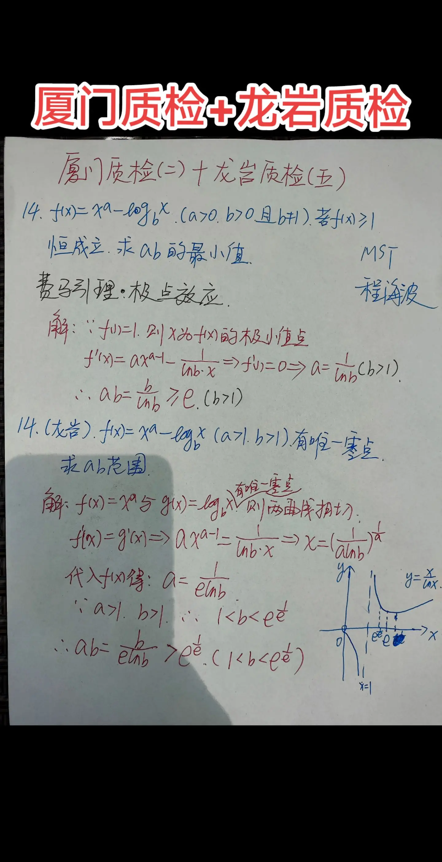 刚考完的福建龙岩五检，填空压轴，为厦门二检改编而来，厦门二检为高等数学费马引理，参考MST导数专题书极点效应，龙岩五检为唯一零点问题，数形结合，最终两题都殊途同归，消参，转化为六大函数求最值问题！
