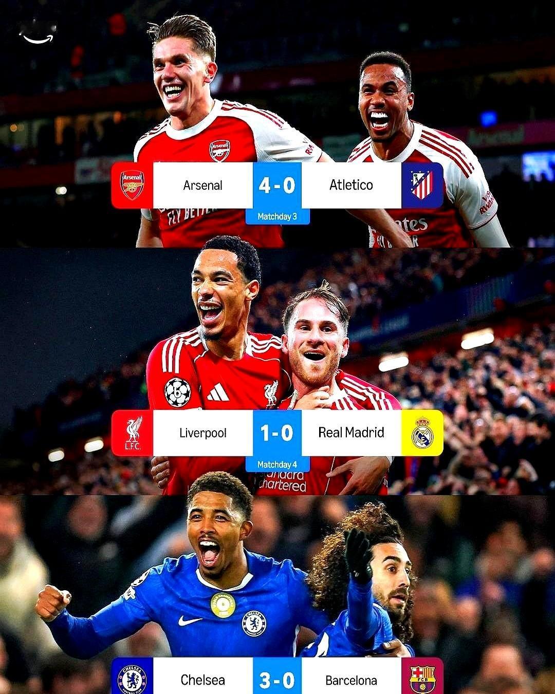 西甲球队最近在欧冠碰上英超，头都抬不起来了。

切尔西主场3-0干掉巴萨，利物浦