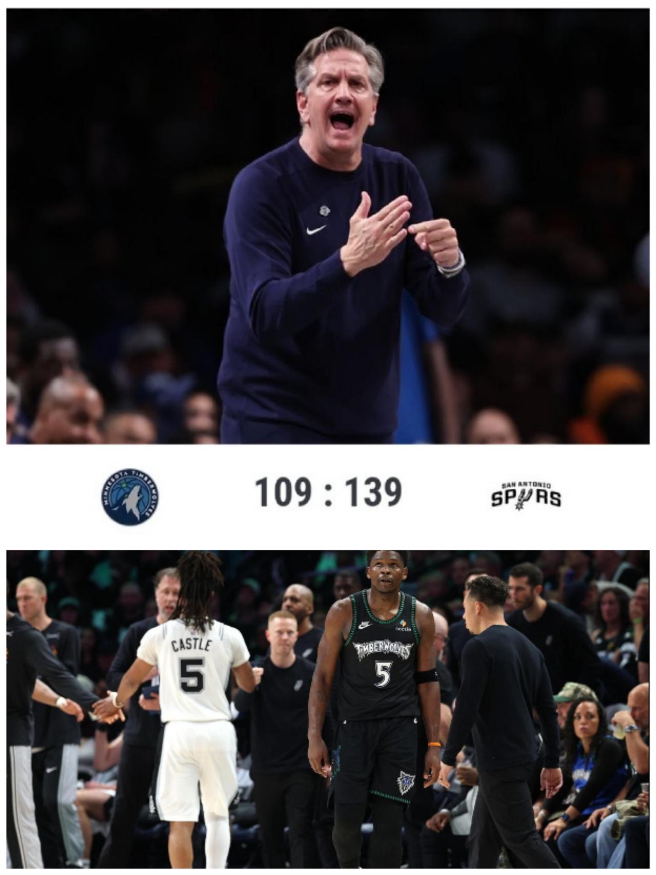NBA西决G6森林狼被马刺狂虐30分，赛后主帅克里斯·芬奇芬奇脸色铁青，直接把锅