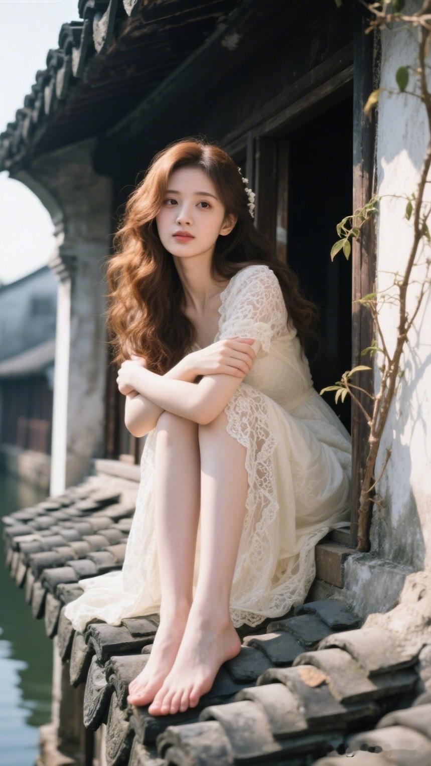 想象一番，一位古风少女身着一袭白色连衣裙，静静地坐在江南水乡的屋顶之上。那场景，