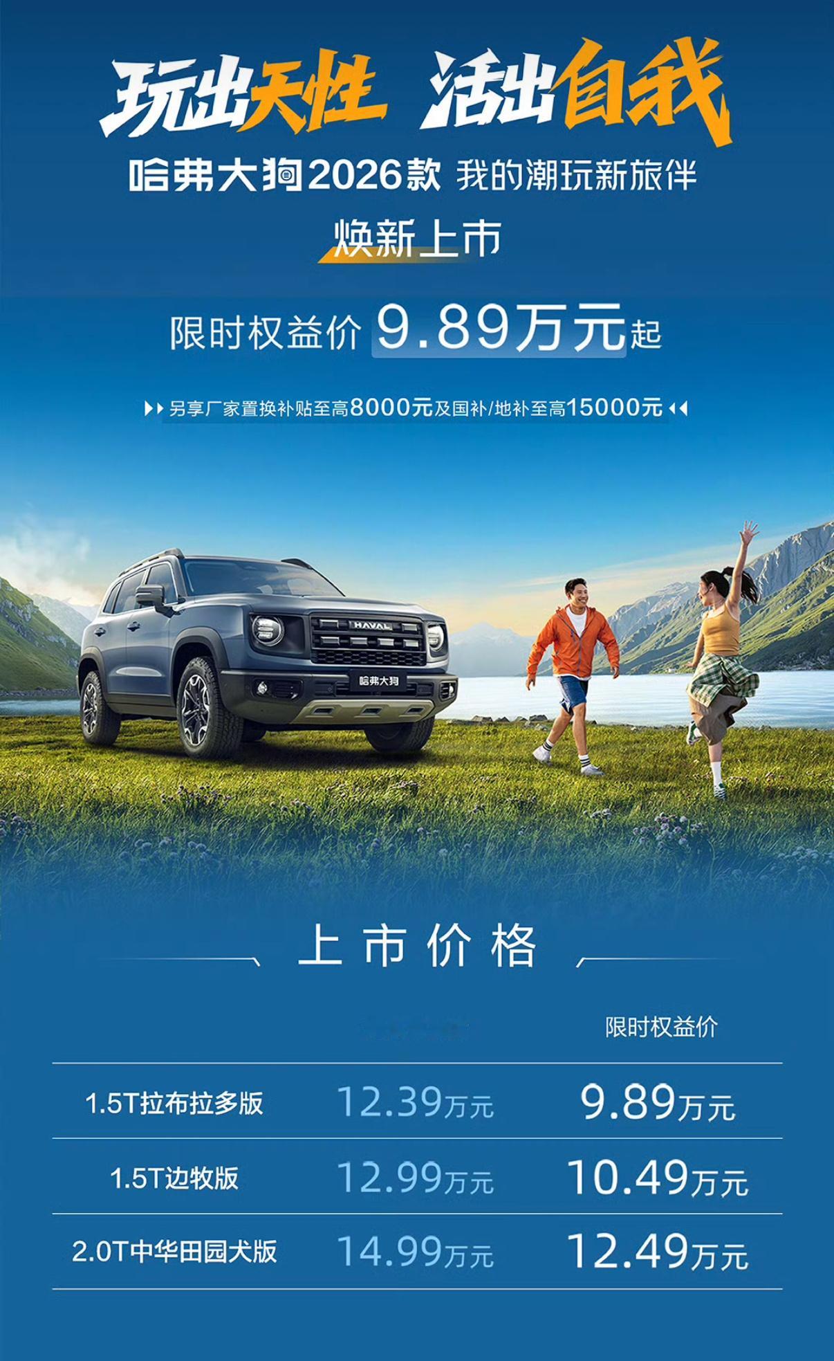 哈弗大狗2026款价格出来了，9.89万元起[傻眼]新车继续提供 1.5T 和 