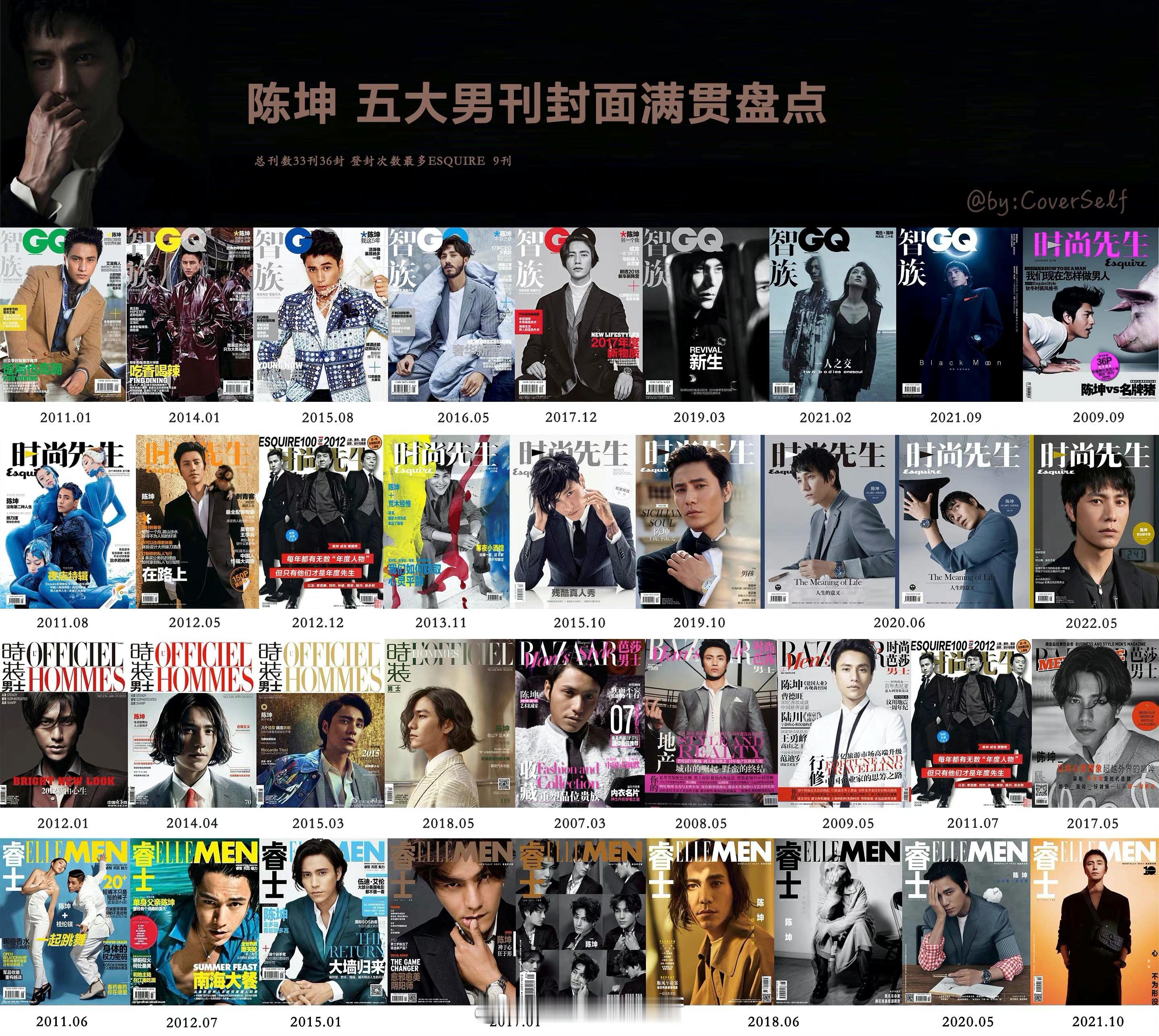 五大男刊满贯封面盘点：陈坤：33刊36封 吴彦祖：11刊11封 黄晓明：30刊3