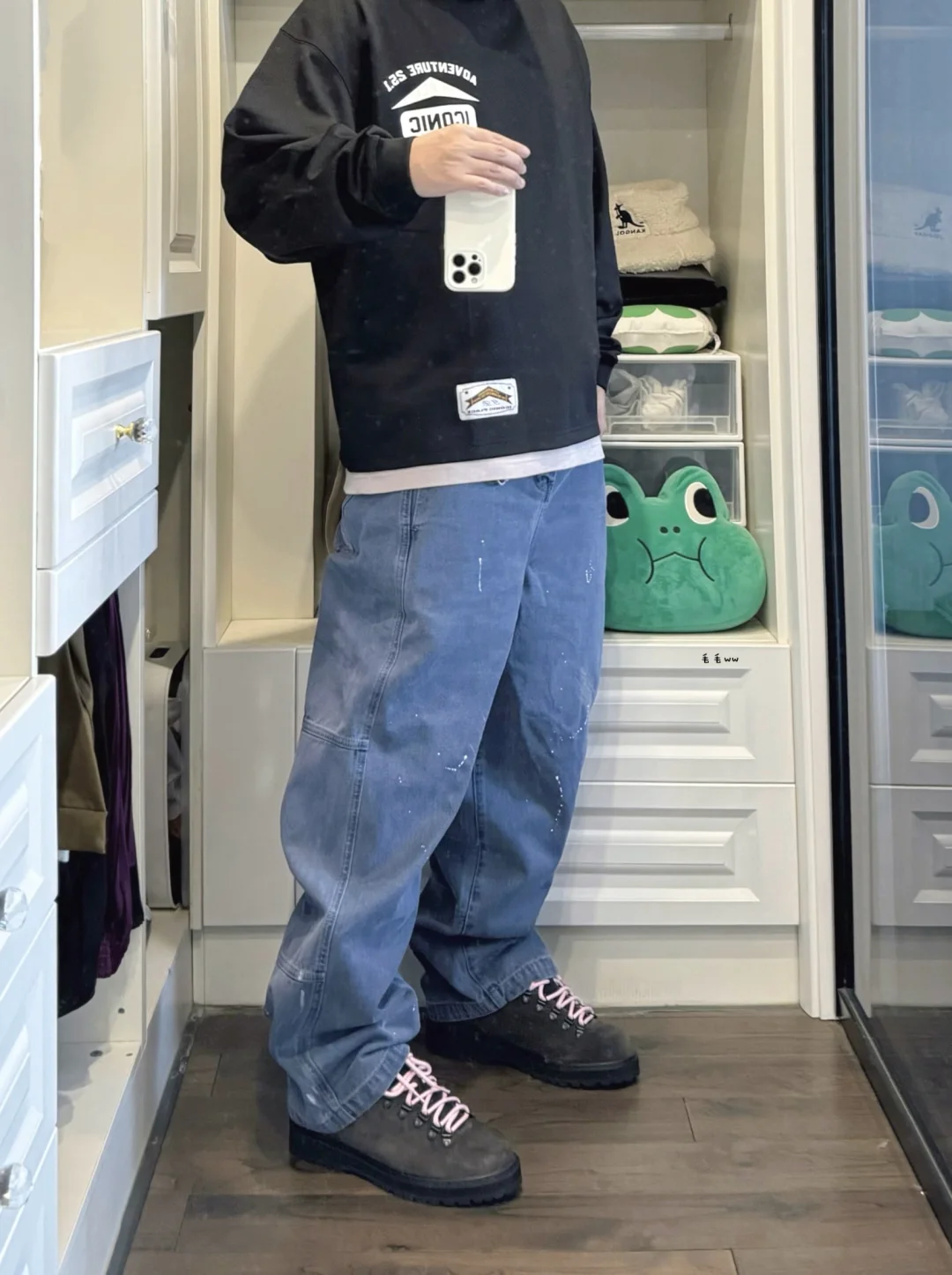 蓝色法工裤｜户外靴穿搭