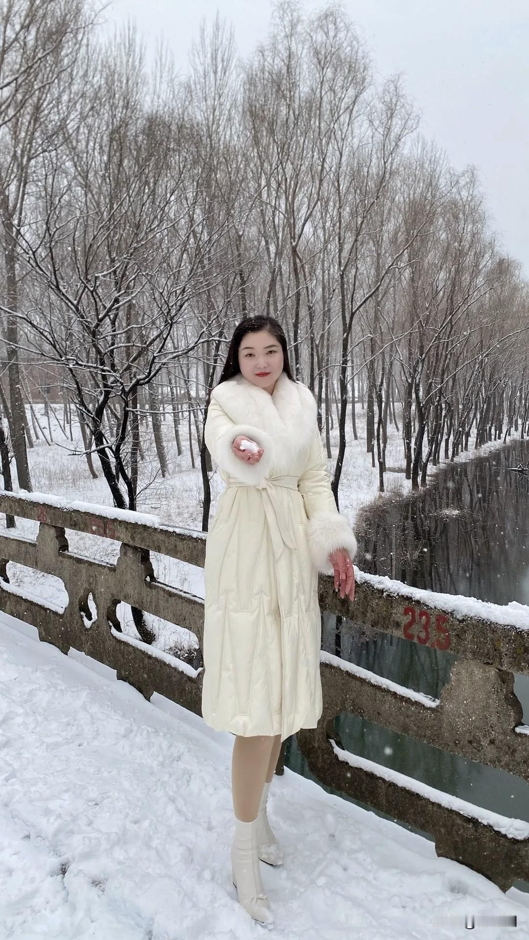 琼英漫舞覆寒林，玉袂轻扬立桥阴。
一点红梅凝笑靥，掌中雪色共冰心。