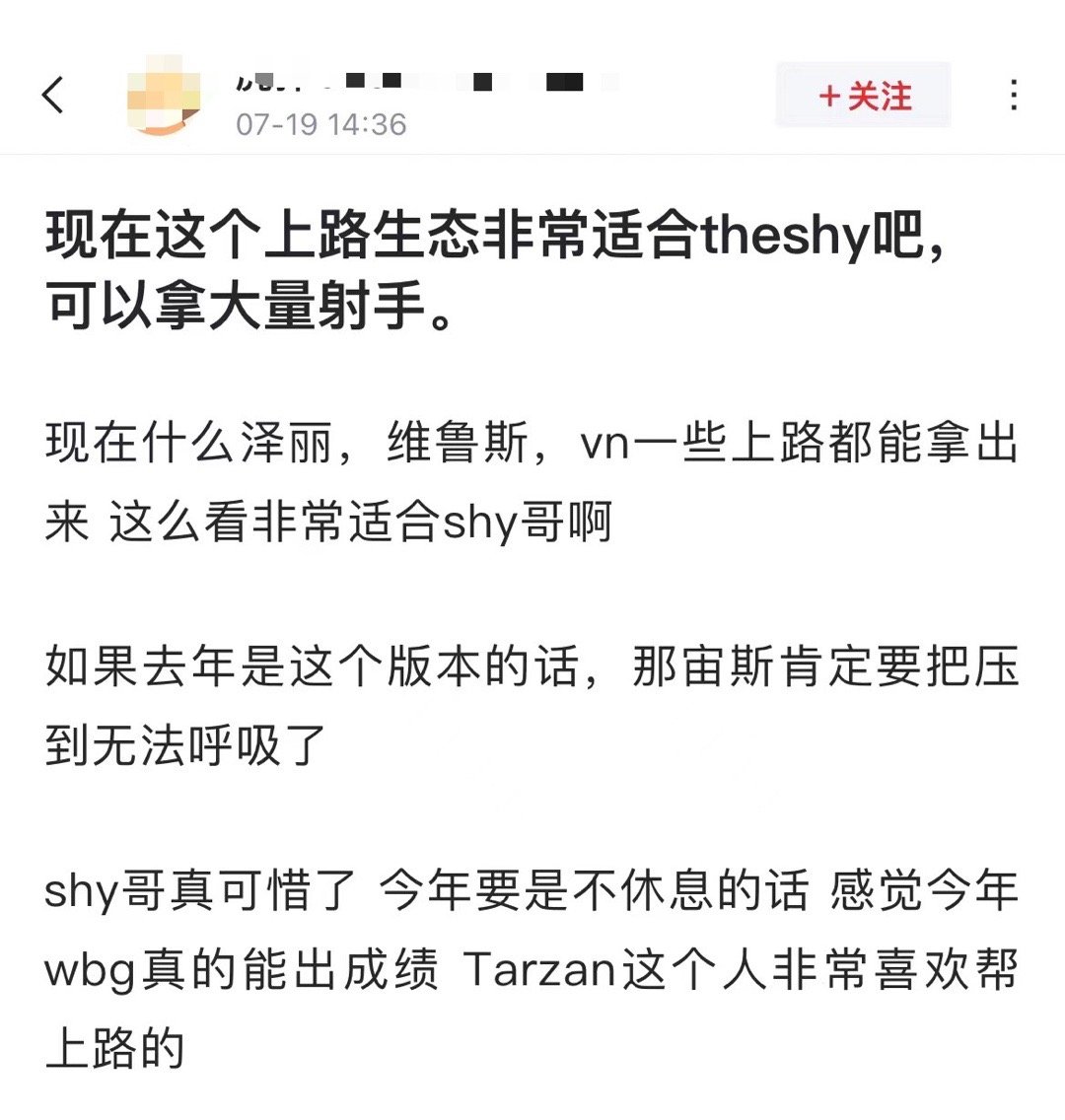 网友热议：现在这个上路生态非常适合Theshy吧，要是没休息今年真能出成绩[吃瓜