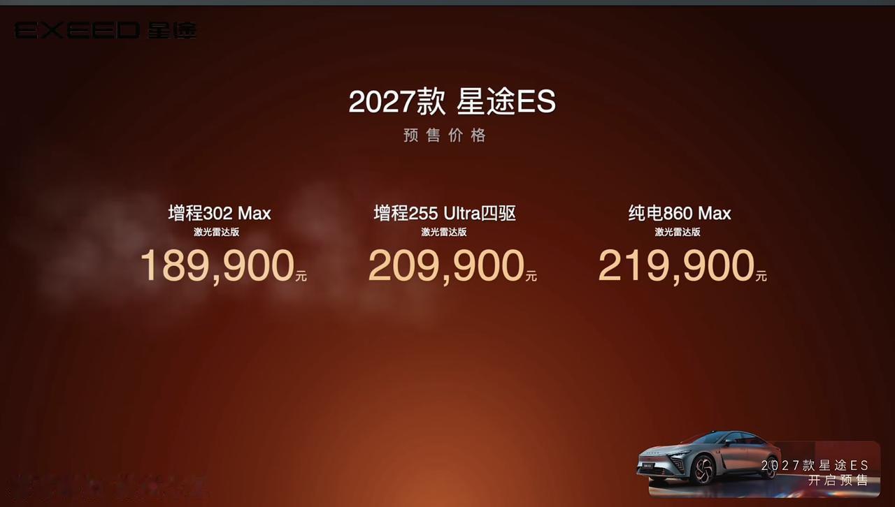 2027款星途ES预售价格出炉
增程302 Max 激光雷达版18.99万元；增