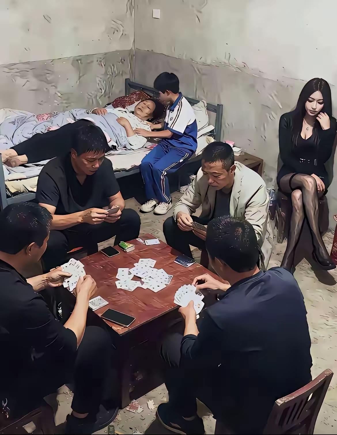 四个男人围在桌子上打牌，一个病危的女人躺在床上呻吟着，女人旁边一个十岁左右的男孩