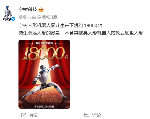宇树人形机器人累计下线约18000台 8月12日，宇树科技发文称：宇树人形机器人
