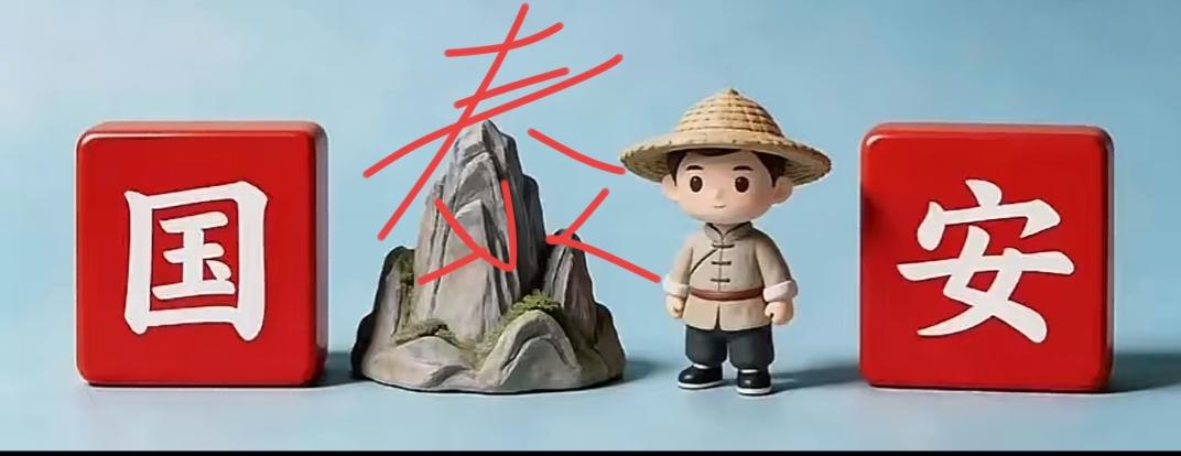 小山丘旁边站着个人，左右有“国”和“安”。这个组合很有意义，是一个很好的词语，非