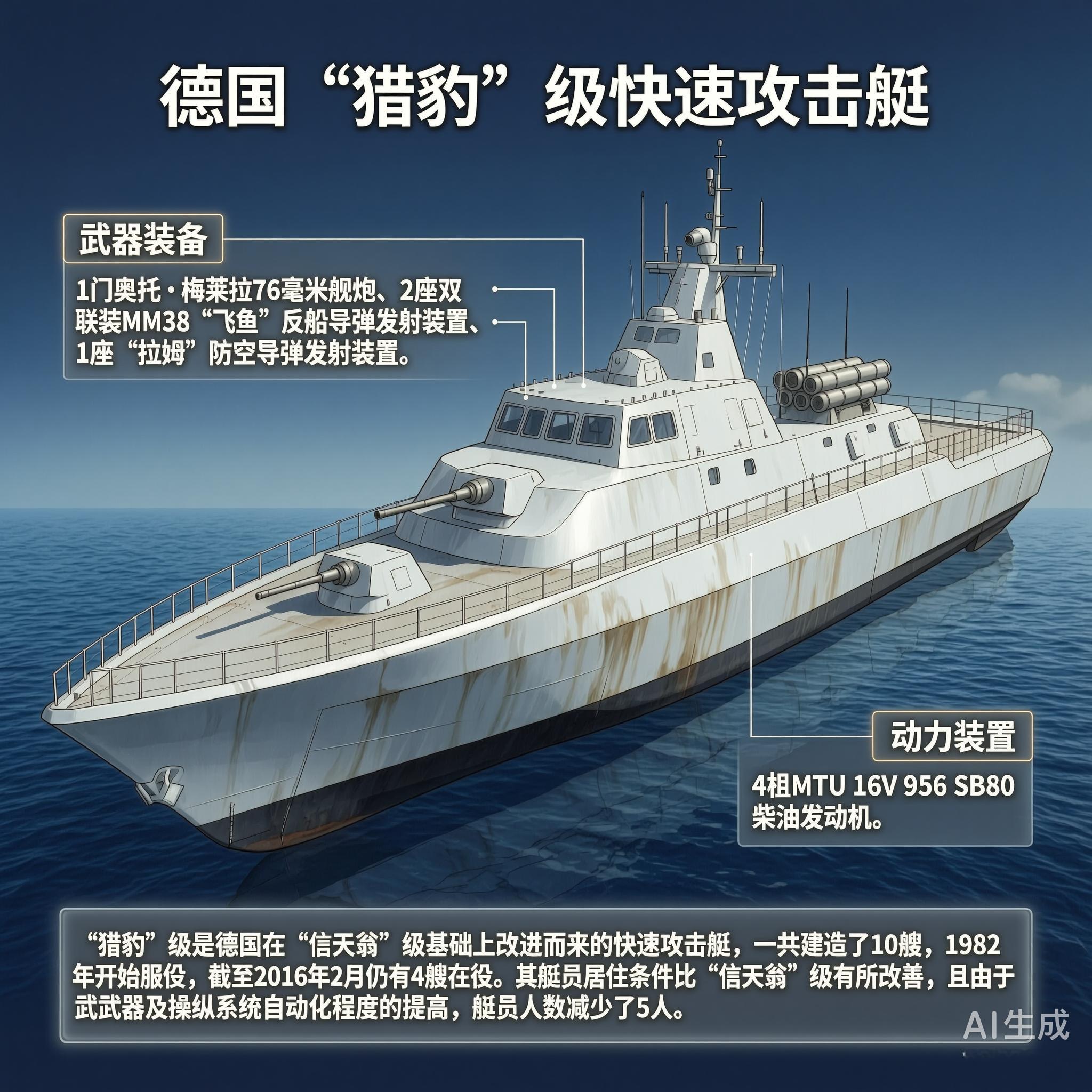 军事ai新视野 德国“猎豹”级快速攻击艇“猎豹”级是德国在“信天翁”级基础上改进
