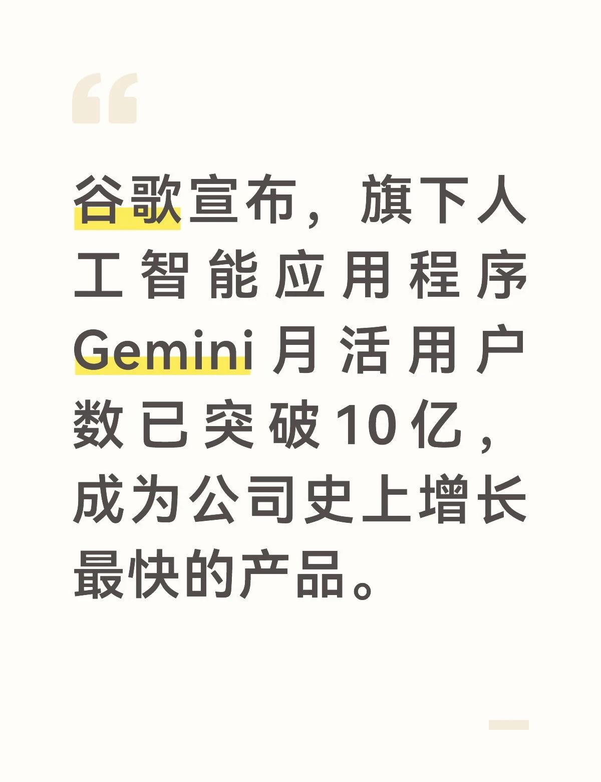 Gemini月活用户数已突破10亿
谷歌宣布，旗下人工智能应用程序Gemini月