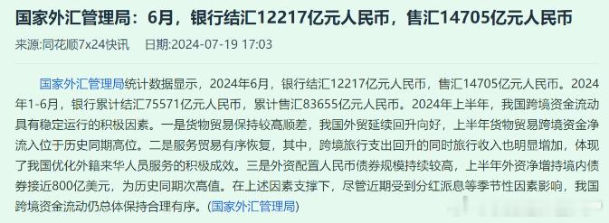 最重要的数据出炉了，现在大家知道央妈的苦了。今天外管局，公布了6月的银行结售汇数