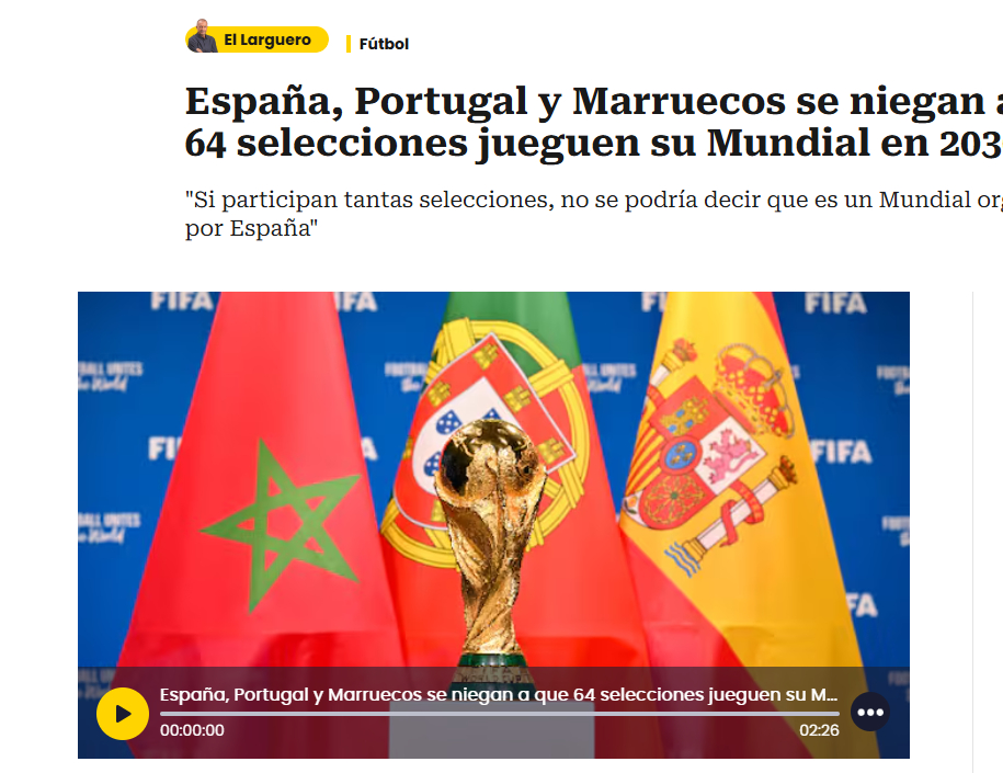 三大主办国反对2030年世界杯扩军世界杯扩军至64队遇阻 据西班牙塞尔电台报道，