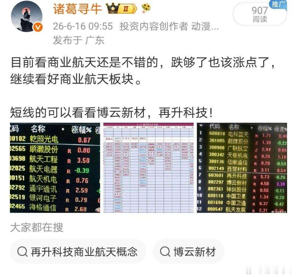再升科技能涨停吗？博云新材会后来居上否？商业航天是否给点力也好好反弹来一波？ 