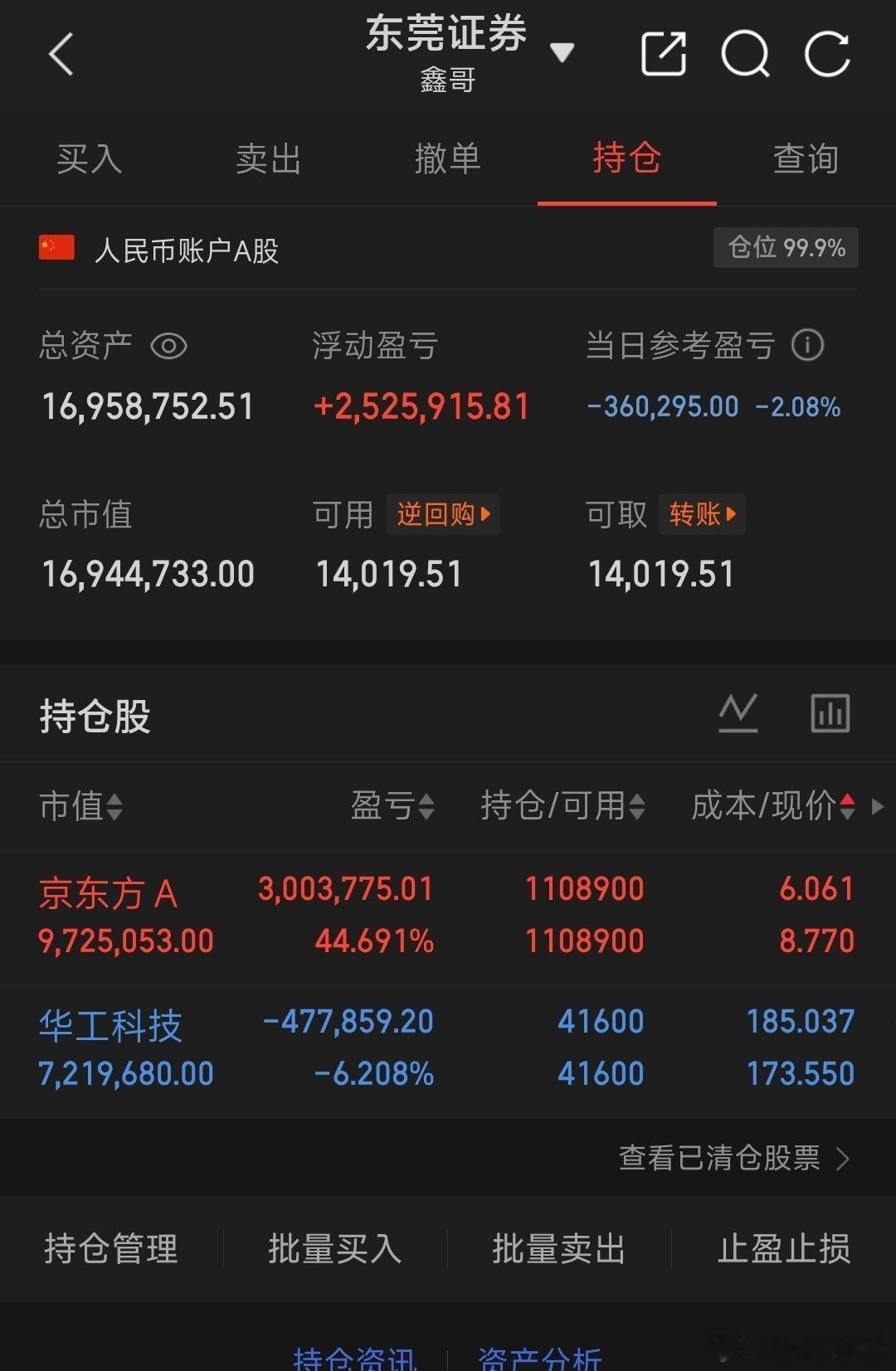 更新一下持仓，大家参考即可，华工和京东方我都没走，市场是动态的，两只票我会看市场
