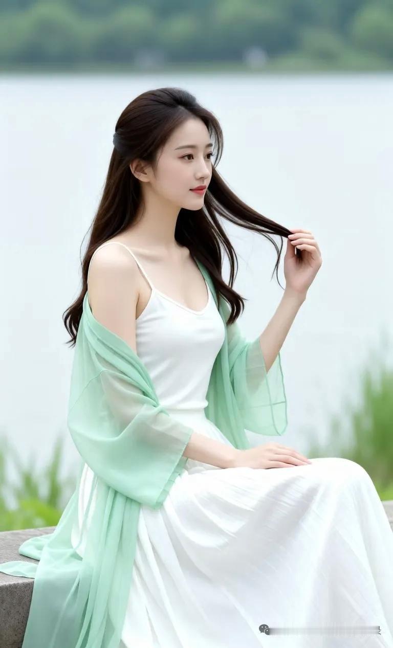 晒图笔记大赛夏日清新风，绿意盎然中，少女静坐湖边，清纱飘逸，恬静如画🖼️。
