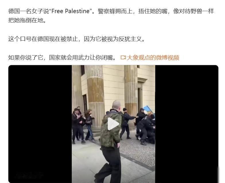 果然是万法归源，天下纳粹是一家。德国一名女子说“Free Palestine”，