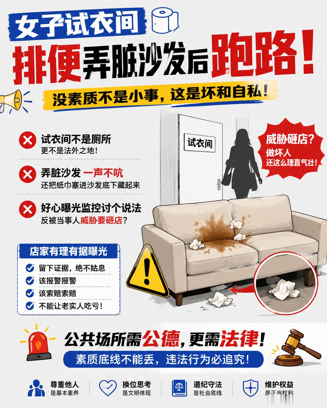 惊掉下巴！！！真的会被某些人的素质下限震惊到失语。在试衣间解决完生理需求，把沙发